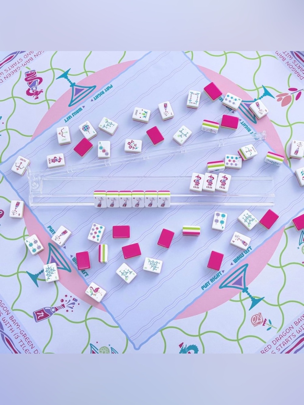 Premium Home Mahjong Set in White with Pink & Green Accents - Picture 10 of 13